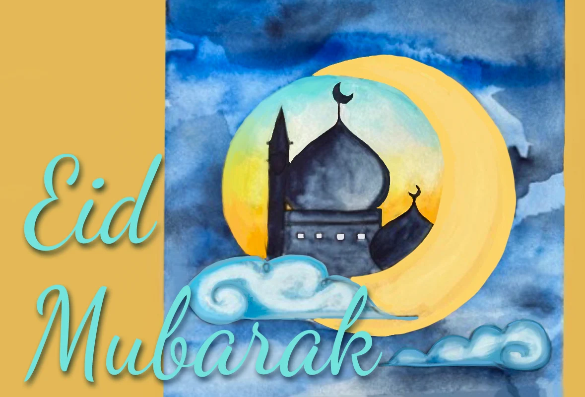 Gemaltes Bild als Gruss zum Zuckerfest mit dem Schriftzug Eid Mubarak