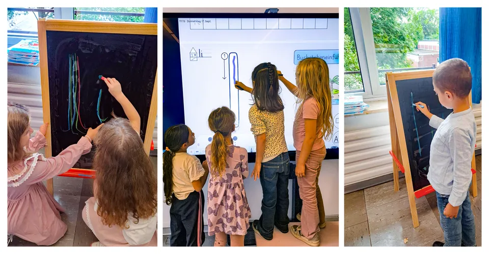Erstklasskinder beim Üben des Buchstaben I