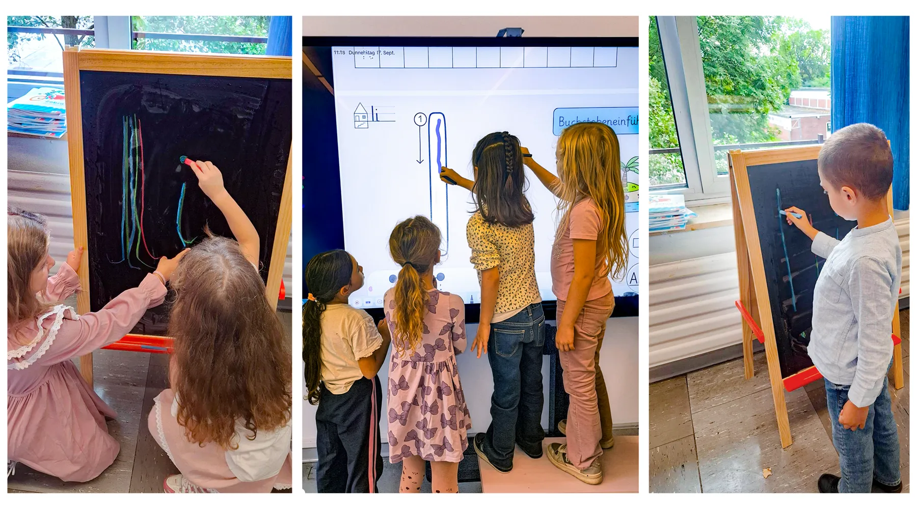 Erstklasskinder beim Üben des Buchstaben I